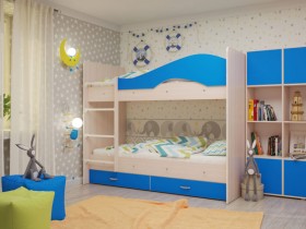 Кровать Мая двухъярусная с ящикамиМлечный дуб/Голубой в Норильске - norilsk.katalogmebeli.com | фото