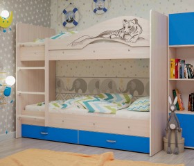 Кровать Мая-Сафари двухъярусная с ящикамиМлечный дуб/Голубой в Норильске - norilsk.katalogmebeli.com | фото
