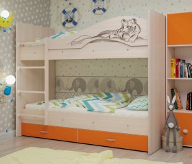 Кровать Мая-Сафари двухъярусная с ящикамиМлечный дуб/Оранжевый в Норильске - norilsk.katalogmebeli.com | фото