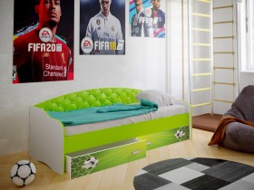 Кровать Софа-8 с мягкой спинкой фотопечать Футбол (900х1900) Белый/Лайм в Норильске - norilsk.katalogmebeli.com | фото