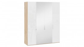 Шкаф комбинированный с 2 глухими и 2 зеркальными дверями «Эмбер» Яблоня Беллуно/Белый глянец в Норильске - norilsk.katalogmebeli.com | фото